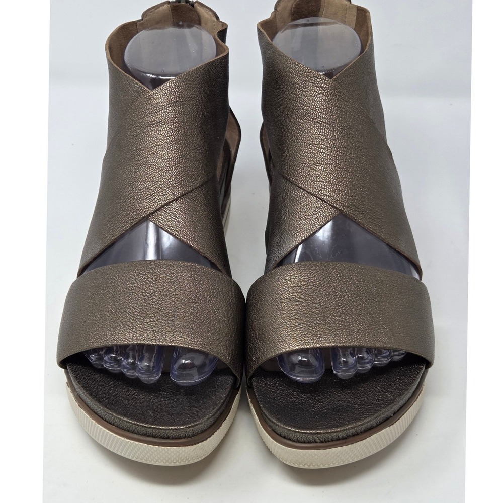 Eileen Fisher Metallic Bronze Leather Wedge Sandals Women 8 Rear Zip Platform